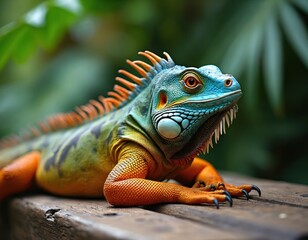 Fototapeta premium Green iguana Iguana iguana with orange body and vivid blue head face. Lizard rests on bench, green leaves in background. Tropical reptile animal, exotic wildlife, closeup portrait.