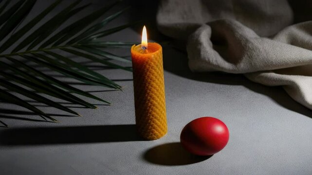 Candle and red egg on table with palm leaf