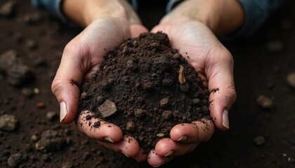 Hands holding dark, moist soil with small rocks and organic matter. Rich, fertile land ready for planting. Earthy texture, perfect for gardening, agriculture and eco projects.