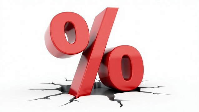 Dynamic 3d rendering of bold red percentage symbol crashing through white surface with visible cracks