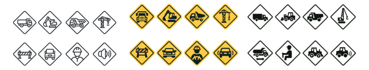 Construction and road sign icon collection. flat, outline, and caution designs set