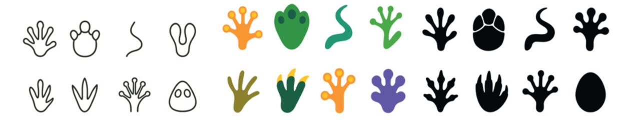 Frog animal silhouette, colorful and outline icons collection. pond and wildlife symbols set