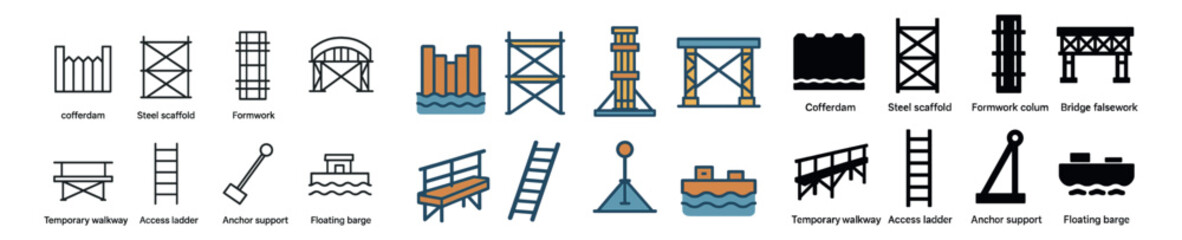 Construction and engineering icon collection: flat, outline, and filled styles for building