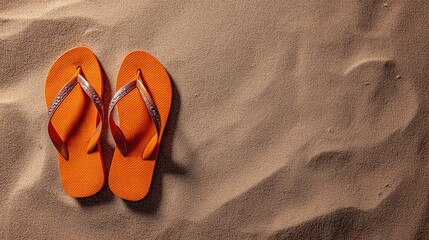 Orange Summer Flip Flops on Sandy Beach Background Vacation Travel Holiday Relaxation Summertime Footwear Beachwear Sun Sand Tropical Paradise Coastal Scene Relaxing Atmosphere    