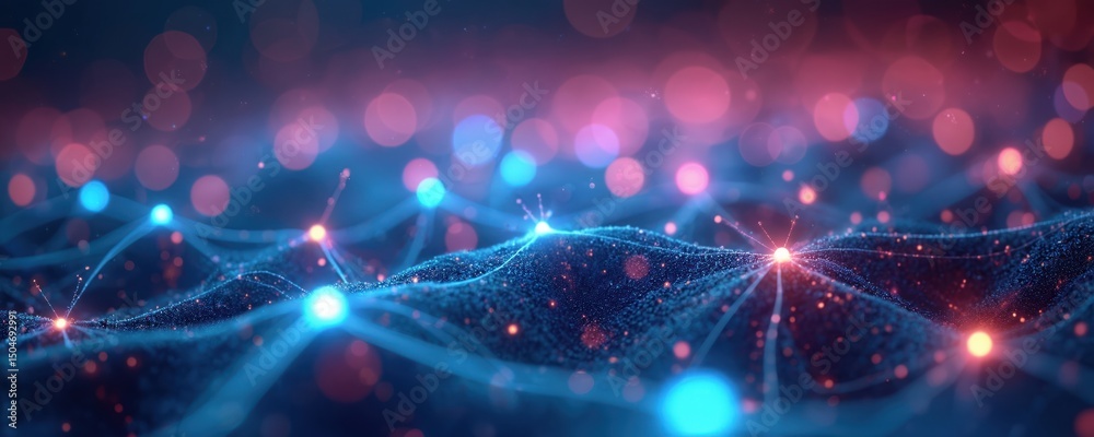 Poster abstract glowing neural network structure. blue nodes connect through lines. concept of data process