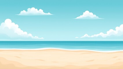 Serene minimalist beach scene with calm ocean and fluffy clouds in a cartoonstyle illustration