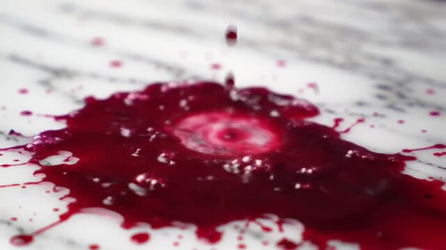 Dramatic Pouring Of Red Liquid On A Marble Surface