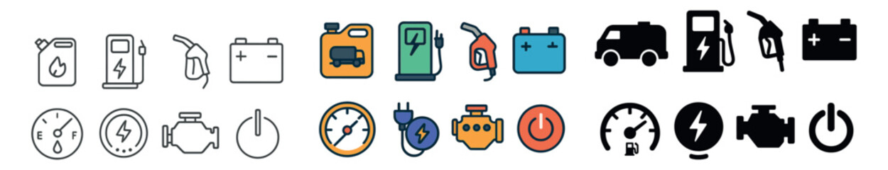 Fototapeta premium Automotive and fuel icon collection: outline, filled and colored vehicle symbols