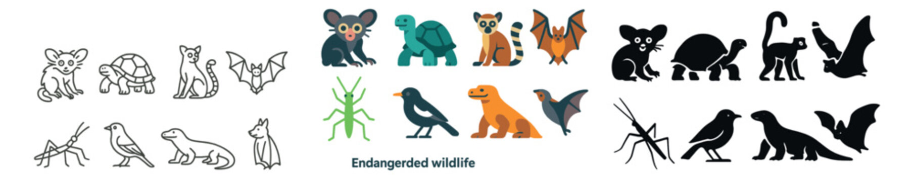Wildlife and nature icon collection with hand-drawn and flat style. endangered species set
