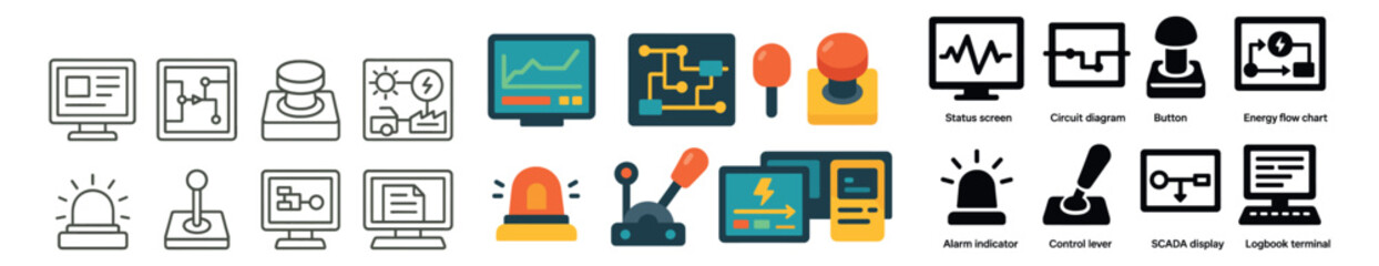 Technology and engineering icon collection in hand-drawn and colorful styles. tech symbols set