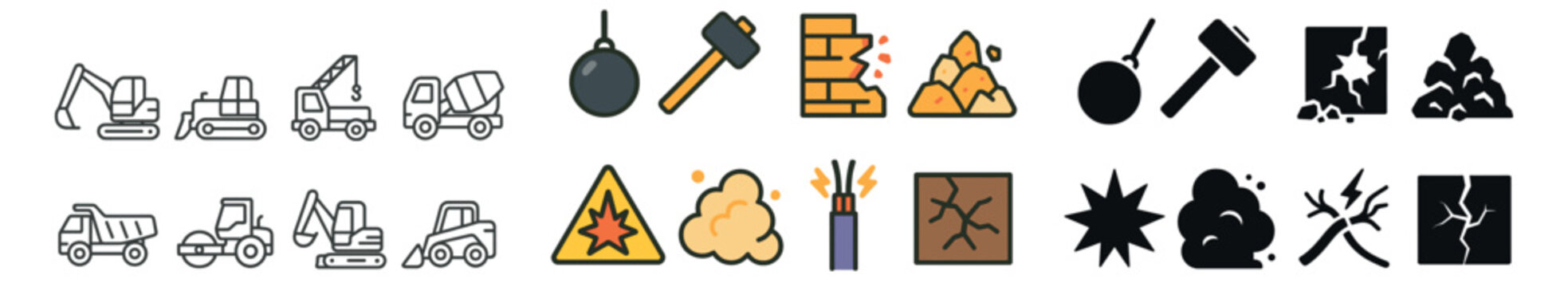 Construction and demolition icon collection: filled, outline, and glyph style set