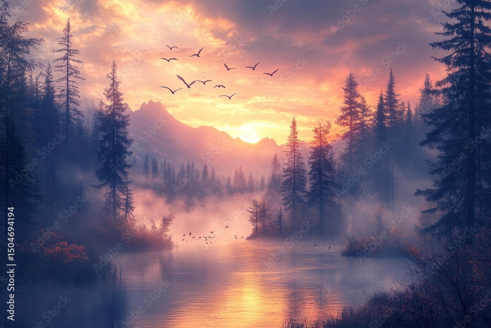 Poster sunset over a tranquil lake surrounded by dense forest with birds flying gracefully in the colorful 