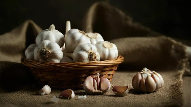 Fresh garlic bulbs and cloves in wicker basket on rustic fabric