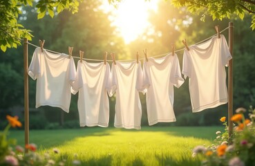 White t-shirts hang on clothesline in sunlit green garden. Summer concept, clean clothes, eco friendly. Sunlight, natural drying. Outdoors, daytime, freshness, laundry, simplicity.