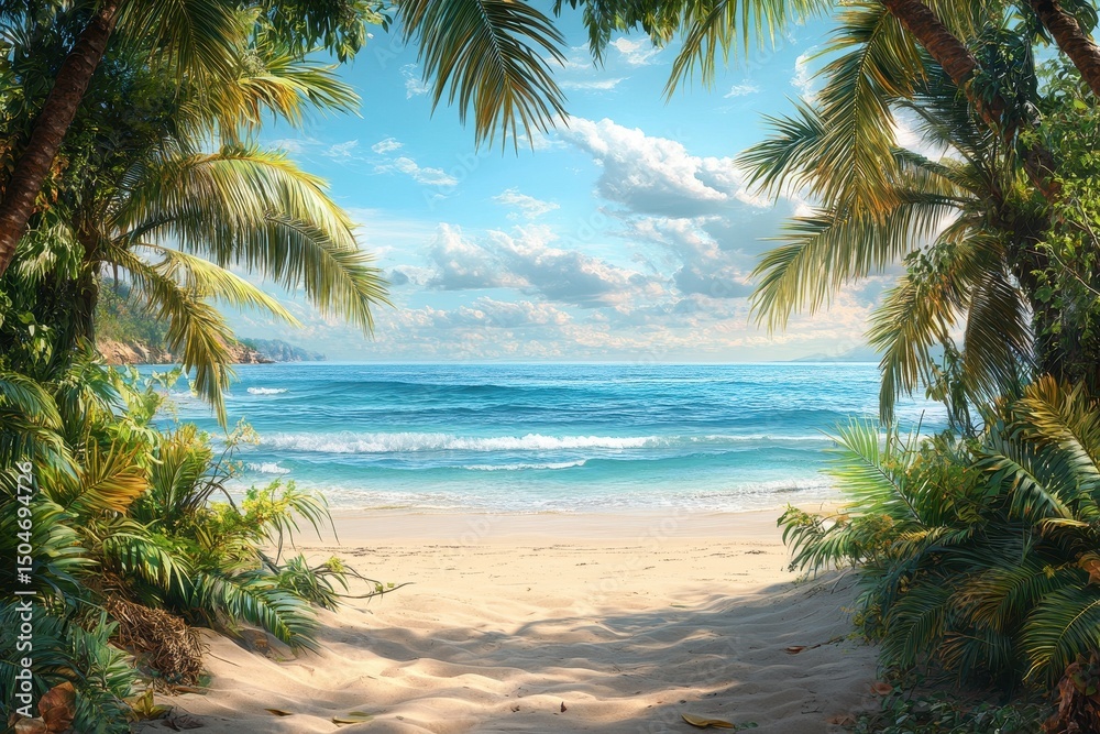 Aufkleber breathtaking tropical beach view framed by palm trees on a sunny afternoon with gentle waves lapping