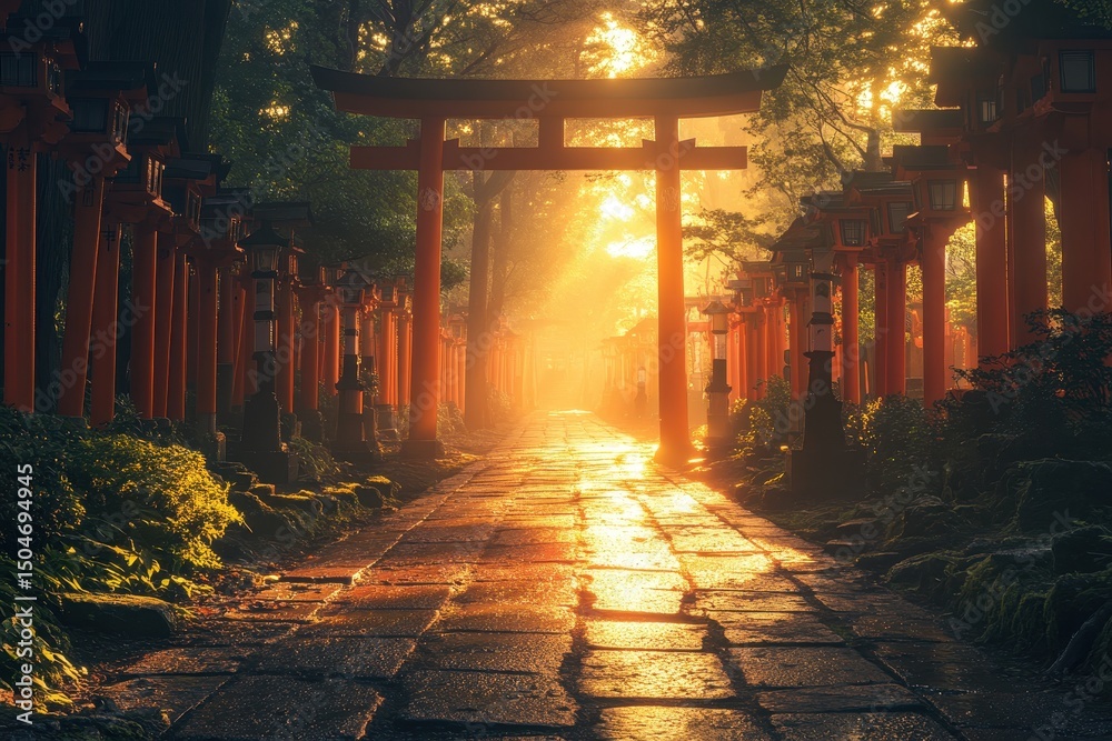 Aufkleber golden sunlight illuminates a tranquil torii gate pathway surrounded by lush greenery in a serene ja
