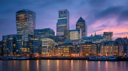 Cityscape of london at dusk with illuminated buildings reflecting on the water surface at twilight