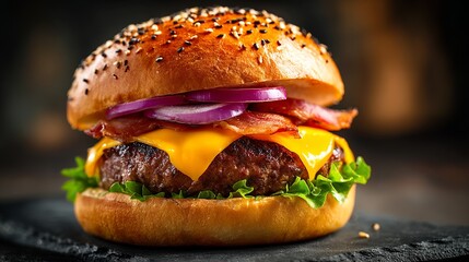Juicy Cheeseburger with Crispy Bacon and Red Onion Rings Delicious Gourmet Burger Food Photography Restaurant Menu Image Tasty Appetizing Fast Food Meal bun eat bbq beef patty
