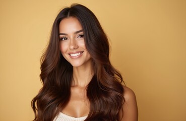 Naklejka premium Beautiful young woman with shiny long brown hair smiles on yellow background. Portrait of healthy face, beautiful skin. Beauty, spa, hair care concept. Perfect smooth skin, healthy hair, make-up.