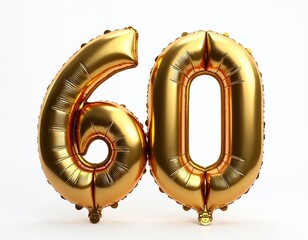 Golden helium balloons shaped as number 60 for milestone birthday celebrations. Elegant, festive, joyful design, ideal for anniversary party decor, memorable moments. Shiny gold, vibrant colors.