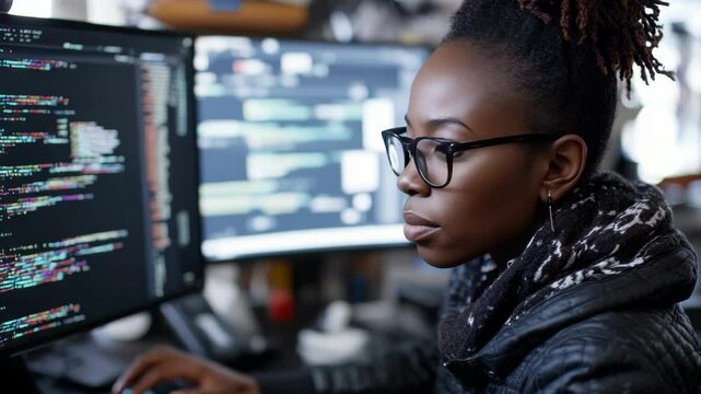 African American female computer programmer in focus, working on complex code.