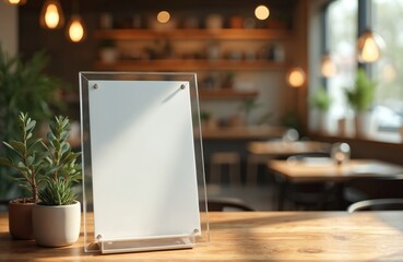 Fototapeta na wymiar Clear glass sign on wooden table. Restaurant cafe interior with empty menu display, blank template for text, information. Modern pub decor with potted plant. Promotion, advertisement, cafe, eatery.