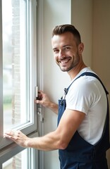 Fototapeta premium Smiling man repairer in overalls installs new white window. Professional installer at work. Home renovation, apartment repair. Modern build, construction concept. Happy handyman in work uniform.