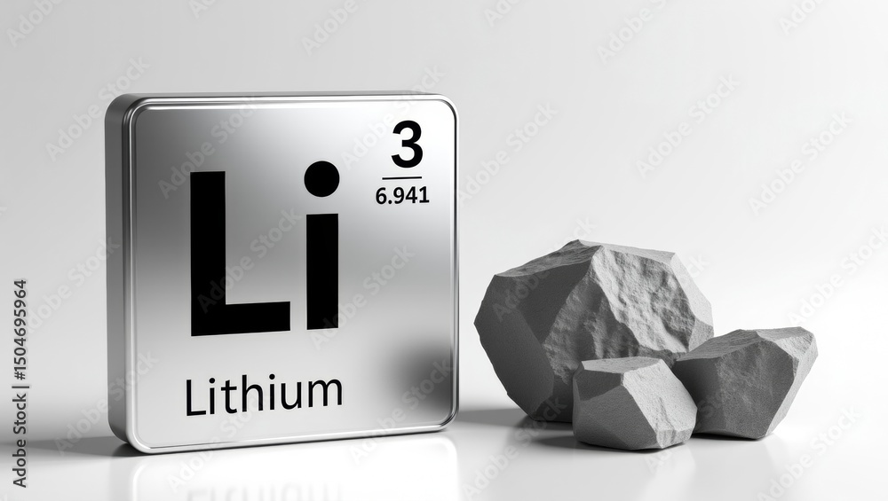 Fototapete digital rendering of a metallic lithium element tile with raw lithium ore rocks on a clean white bac