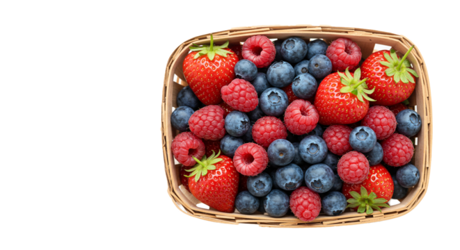 Fresh summer berries in basket strawberry raspberry blueberry healthy food antioxidant vitamin c delicious on transparent background