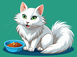 Obraz premium vector of Beautiful white fur cat with food bowl eating