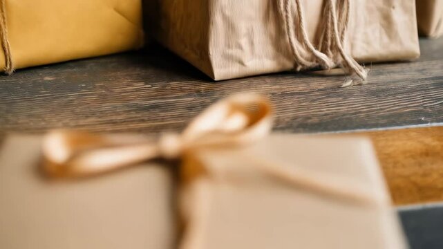 Wrapped gifts with striped paper and twine sit on dark wood surface, ready for holiday giving, showing festive preparations