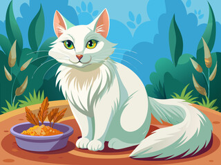 vector of Beautiful white fur cat with food bowl eating