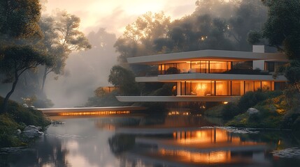 Mystical Twilight Vision of the Valipini House in a Serene Landscape with Digital Abstract and Classical Artistic Influences