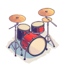 Drum Set, flat 2D isometric cartoon vector image isolated on white background.