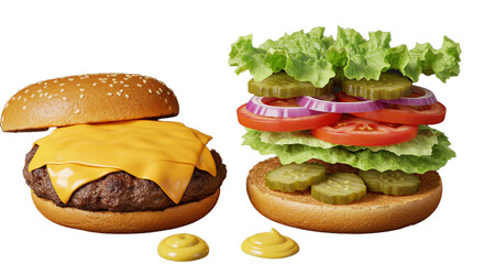 Delicious cheeseburger with fresh ingredients and exploded view for fast food restaurant menu item on transparent background