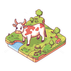 Fototapeta premium Cow, vector graphic, 2D flat isometric cartoon illustration on white background. 