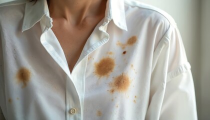 Close-up of white shirt with brown coffee stains. Daily life accident spill, dirty clothing needing cleaning. Spot, blot on apparel shows problem needing laundry service. Advertising for stain