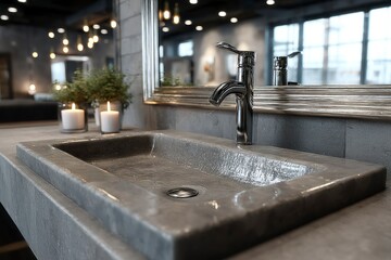 Modern Concrete Sink with Chrome Faucet in Industrial Bathroom Setting