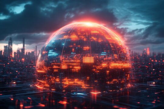 Futuristic dome structure illuminated by neon lights with a panoramic view of a vibrant city skyline during twilight