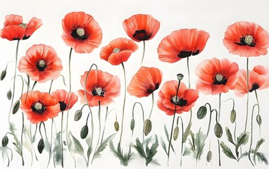 Obraz premium Watercolor Red Poppies Floral Painting Botanical Art