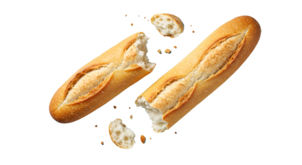 Fresh baguette bread loafs isolated on black background bakery food photography and product advertising on transparent background
