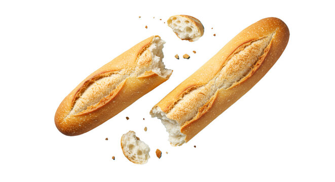 Fresh baguette bread loafs isolated on black background bakery food photography and product advertising on transparent background