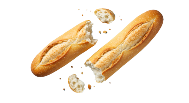 Fresh baguette bread loafs isolated on black background bakery food photography and product advertising on transparent background