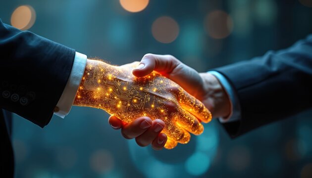 Business handshake, symbol of partnership in tech industry. Business people shaking hands with digital circuit pattern. Deal, agreement, investment, innovation, technology collaboration concepts.