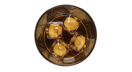 Whiskey on the rocks drink photography, alcoholic beverage with ice cubes on a black background top view on transparent background