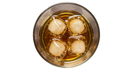 Whiskey drink with ice cubes in glass top view alcoholic beverage cocktail refreshment on black...