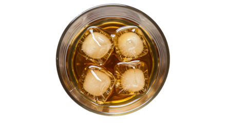 Whiskey drink with ice cubes in glass top view alcoholic beverage cocktail refreshment on black background on transparent background