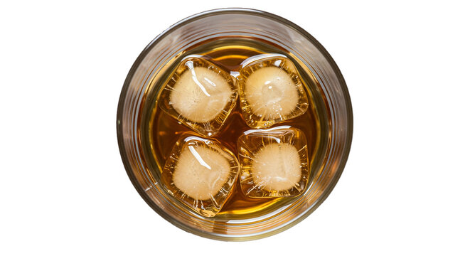 Whiskey drink with ice cubes in glass top view alcoholic beverage cocktail refreshment on black background on transparent background