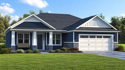 Cozy One-Story American Suburban Home with Symmetrical Architecture and Peaceful Street View