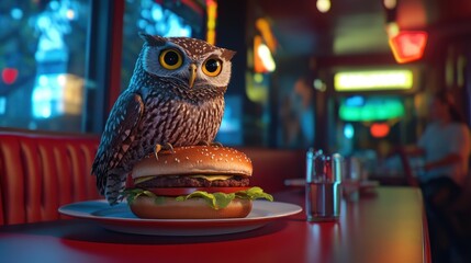 An owl gazes curiously from a giant burger inside a cozy diner booth with a lively night ambiance illuminating the scene through the window
